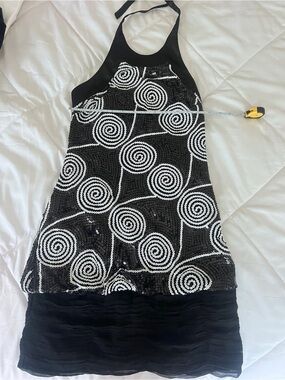 Vintage Cache Black Sequin Swirl Halter Dress women’s